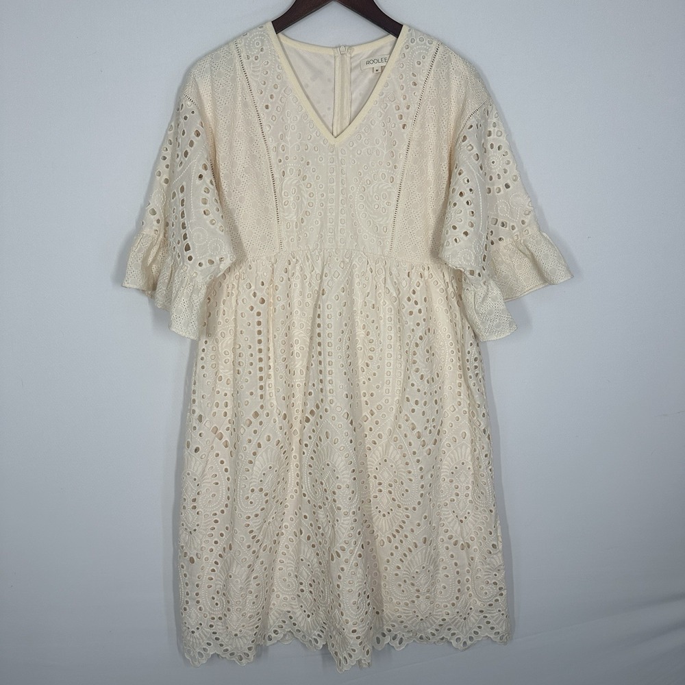 Roolee Lined Eyelet Ruffle 3/4 Sleeve Lace Dress Womens Size M Cream White